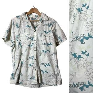 Eddie Bauer Button Front Shirt Outdoor Travel XL Tall Cream Blue Zip Pockets